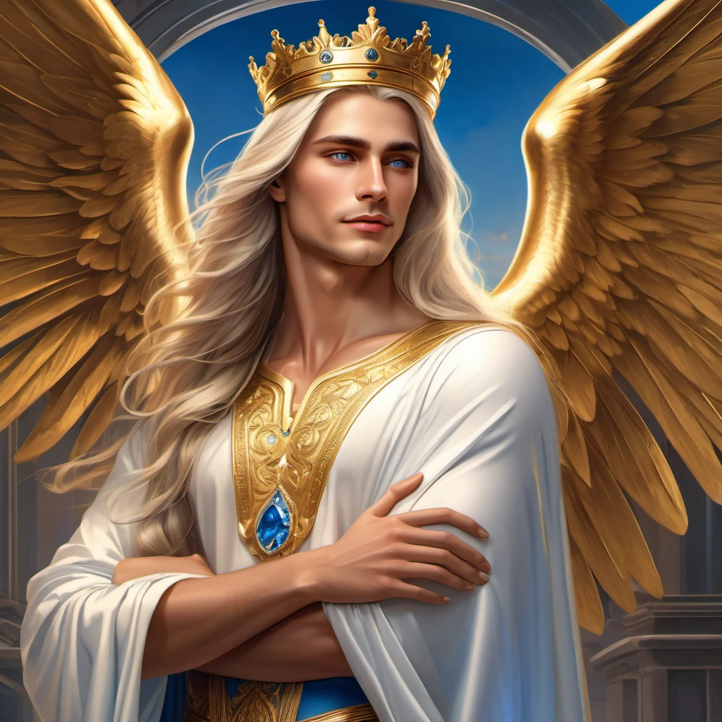 In the arms of a very handsome young, majestic, courageous, athletic, attractive king men with long straight platinum hair, liht blue burning eyes, dressed in golden royal robes, with a gold crown on his head, with large gold wings growing behind his back hugs an incredibly beautiful young delicate fragile woman in a flowing white translucent a Greek-style dress, she has blue eyes, long golden hair, an elegant golden tiara, a beautiful slender female body that can be seen through the fabric of her dress, beautiful neat small female breasts with pointed nipples, small pink halos. They are in love with each other, he gently hugs her. full-length image. realistic image, full-length image. careful drawing of the anatomical authenticity of the body, delicate type of face, excessive detailing of the female body. Masterpiece, perfect drawing, realistic drawing, full-length drawing, 8k. full-length image, realistic image, detailed image. an extremely detailed illustration, a real masterpiece, of the highest quality, with careful drawing. shading with shadows. careful display of the anatomical authenticity of the female body, attractive face type and excessive detail of the female body. realistic image, nsfw