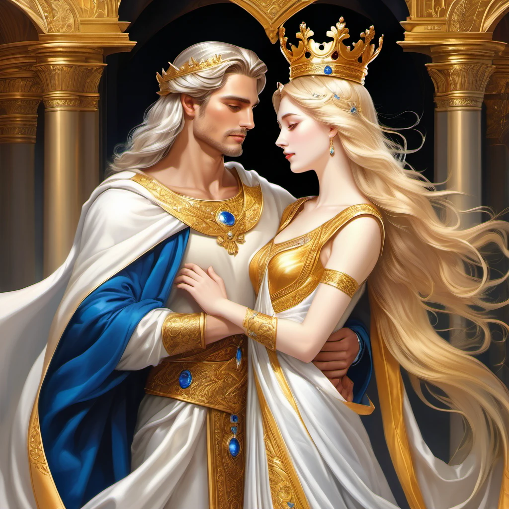 In the arms of a very handsome young, majestic, courageous, athletic, attractive king men with long straight platinum hair, liht blue burning eyes, dressed in golden royal robes, with a gold crown on his head, with large gold wings growing behind his back hugs an incredibly beautiful young delicate fragile woman in a flowing white translucent a Greek-style dress, she has blue eyes, long golden hair, an elegant golden tiara, a beautiful slender female body that can be seen through the fabric of her dress, beautiful neat small female breasts with pointed nipples, small pink halos. They are in love with each other, he gently hugs her. full-length image. realistic image, full-length image. careful drawing of the anatomical authenticity of the body, delicate type of face, excessive detailing of the female body. Masterpiece, perfect drawing, realistic drawing, full-length drawing, 8k. full-length image, realistic image, detailed image. an extremely detailed illustration, a real masterpiece, of the highest quality, with careful drawing. shading with shadows. careful display of the anatomical authenticity of the female body, attractive face type and excessive detail of the female body. realistic image, nsfw