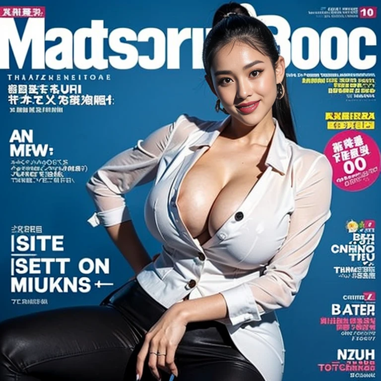(((magazine's cover))),news caster,((studio)),(huge breasts:1.4) ,(thai woman:1.4),(highponytail),(forehead),(Announcer),(business suit:1.3),thin waist,(smile:1.3),small mole under the eye,cowboy shot:1.3,(dress shirt),