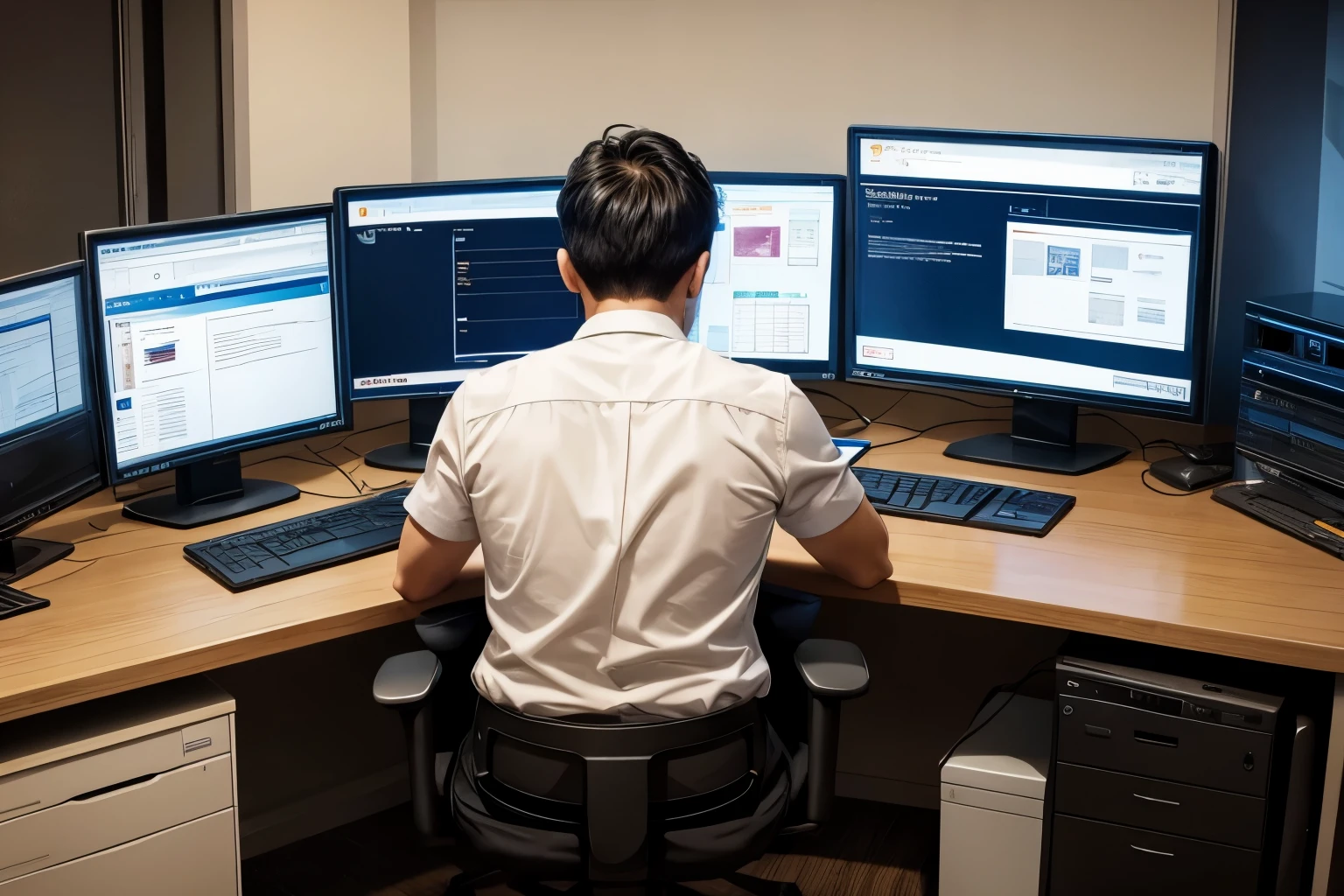 Using a computer at the office, A man working at a desktop computer, Scene from behind, The monitor on the desk is large., Man working in a futuristic office