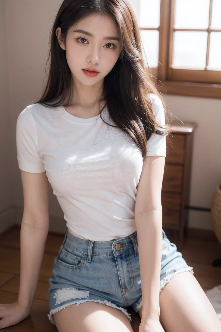 Best Quality, 8K, Masterpiece: 1.3)), (Japanese Cap: 1.1), Focus: 1.2, Perfect Body Beauty: 1.3, Buttocks: 1.2, (Layered Haircut: 1.2)), (Indoor: 1.3), Facial Texture and Highly Detailed Skin, Thin Eyes, Double Eyelids, Whitened Skin, Long Hair, (Round Face: 1.5), (Short Sleeves, Shorts: 1.6),(Brazilian Face: 1.1)