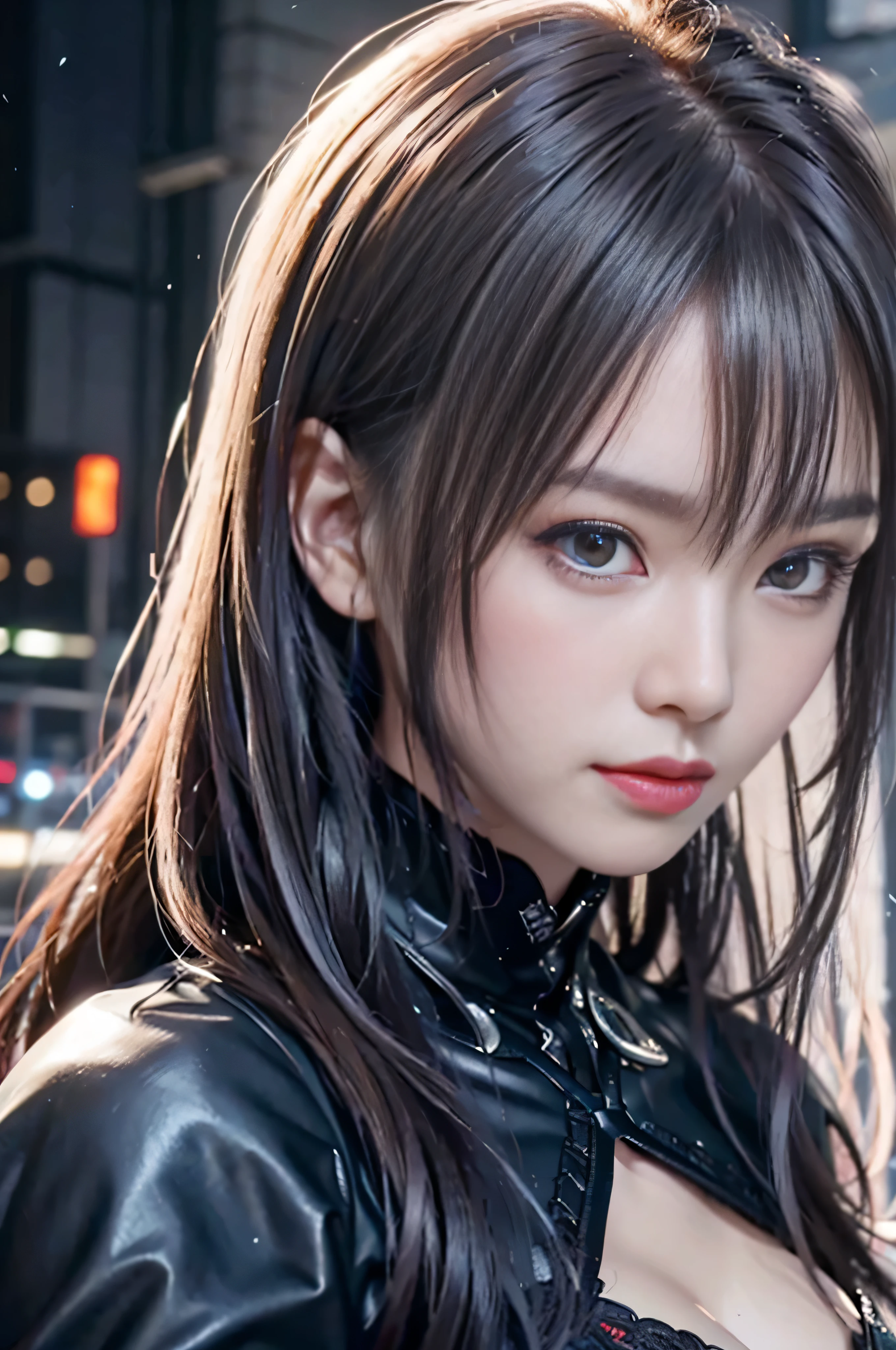 ((RAW image quality)), highest quality、8K masterpiece、超A high resolution、(Photoreal:1.3)、Raw photo、1 girl、silvery hair、glowing skin、1 Cyberpunk Super Beautiful Soldier、((Ultra realistic details))、Portrait、global illumination、Shadow、octane rendering、8K、super sharp、beautiful breasts、Raw skin exposed in cleavage、Metal、cold color、、very intricate details、realistic light、CG Society Trends、beautiful eyes、shining eyes、towards the camera、neon details、