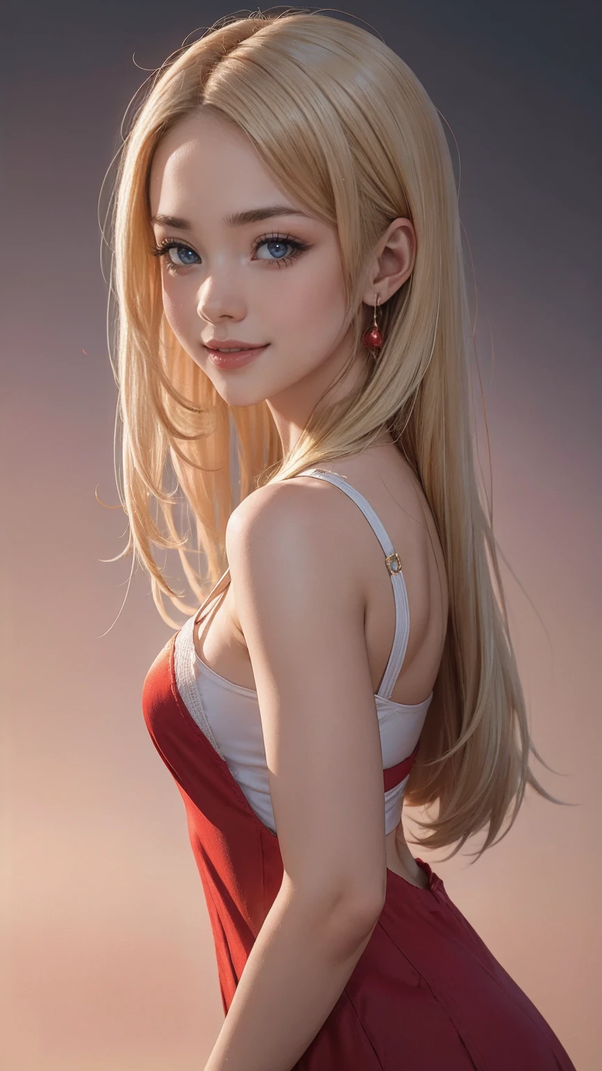 (best quality, ultra-detailed, photorealistic: 1.39), bright and vibrant colors, studio lighting, romantic kawaii expression, cute delicate smile, 17-year-old e-girl, short red dress, platinum braided and curl white hair, cat ears, big breasts, fit, long wavy hair, mercenary, Mary R.