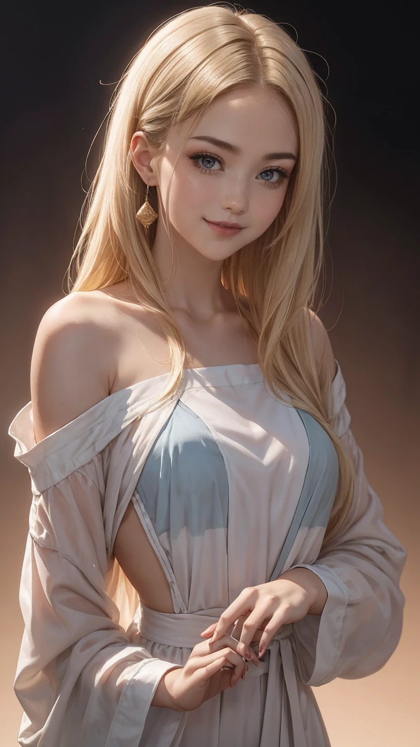 blonde hair, gradient hair, hair over shoulder, hair behind ear, longeyelashes, light smile, Surrealism, depth of field, atmospheric perspective, foreshortening, UHD, anatomically correct, highres, 16k、A 22-year-old extremely beautiful white woman、Her hair color is platinum blonde、blue eyeedium hair、straight hair、The hair is shiny、The skin is lustrous、smile、Slender but well-proportioned muscular body、Athlete-like body type、I don&#39;t want my head to disappear from the screen.、Wearing accessories on your wrist、Wearing red nail polish、I have a peticure、Gradient color hairstyle ((gradient hair))
、long hair ((long hair))、Wear an off-the-shoulder bodycon outfit、wear stiletto heels、pastel orange background、smile((smile))