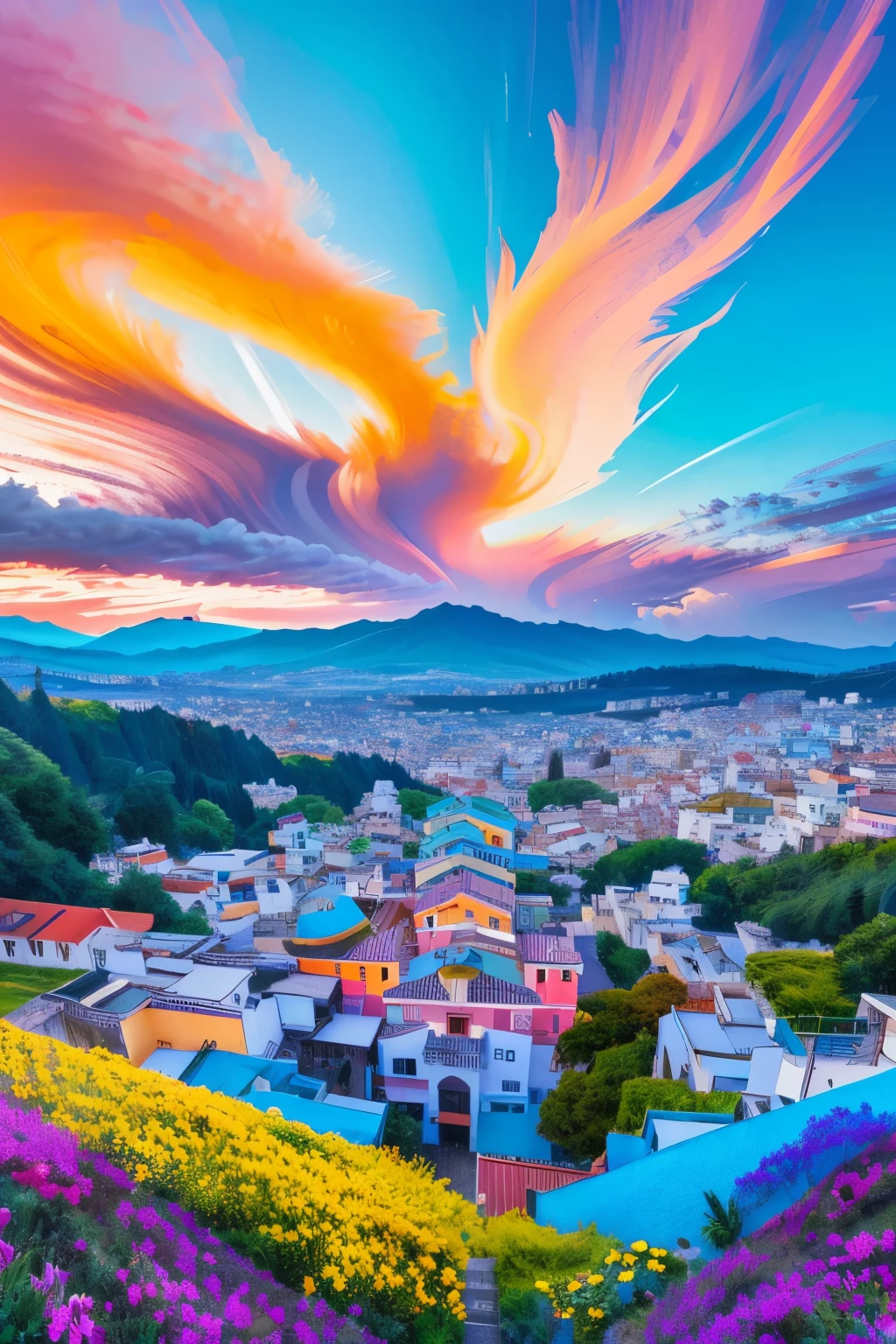 "Explore the vibrant world of Kunti Lanak, where the sky is a canvas of swirling colors and the ground is a mosaic of intricate patterns. Let your imagination run wild as you envision the bustling cityscape and the serene countryside."