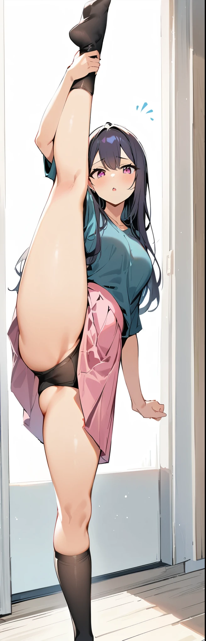 (masterpiece, highest quality:1.2), 1 girl, alone,Are standing_Split, 
Yuuki eats, long hair，black无袖短背心，pink skirt，black