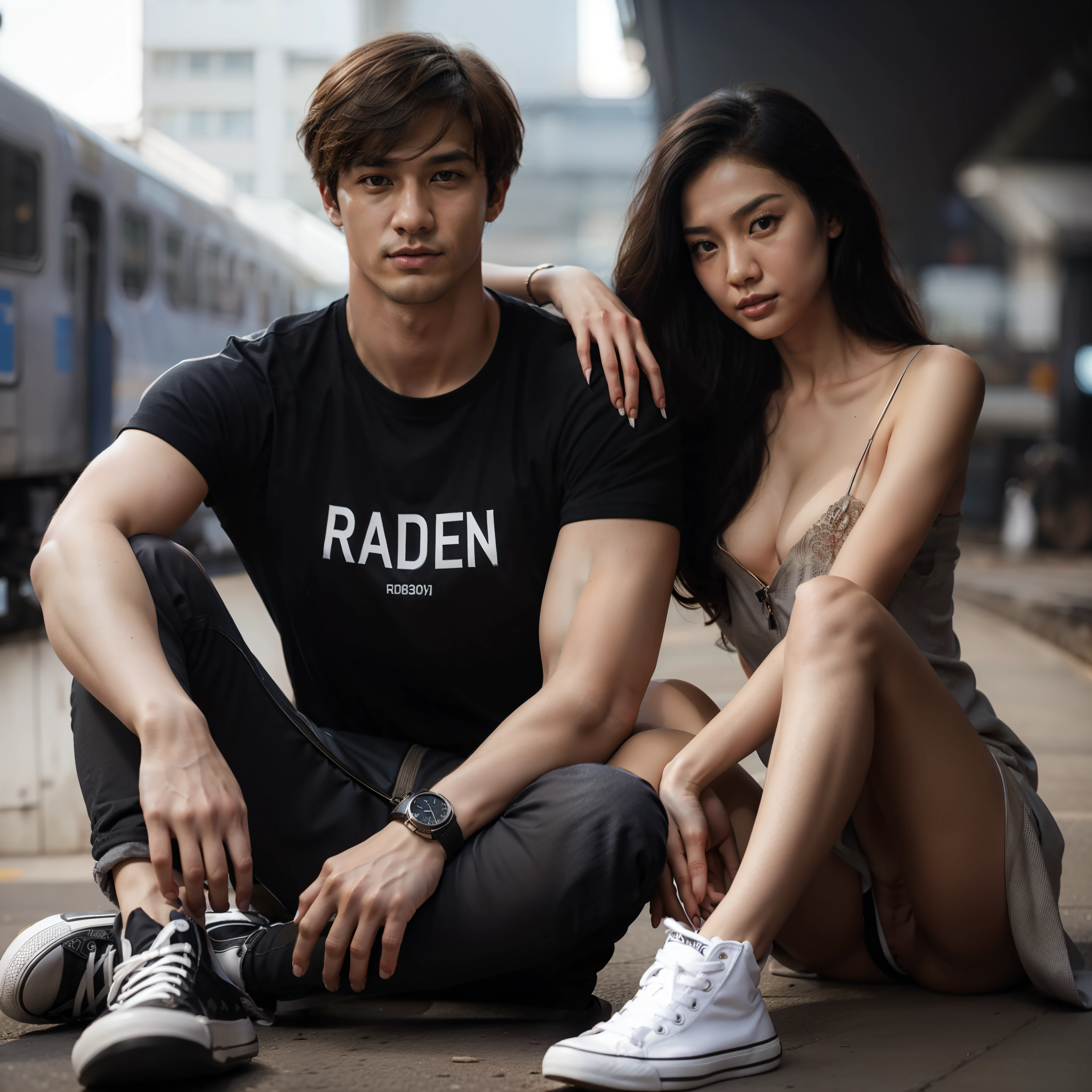 arafed couple sitting on the ground in front of a train, wlop and andrei riabovitchev, jordan grimmer and natasha tan, tyler edlin and natasha tan, 5 0 0 px models, roberto ferri and ruan jia, trendin on artstation, by Radi Nedelchev, fashion model, anton fadeev 8 k