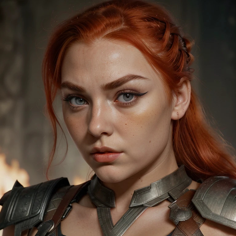 A beautiful girl with fiery red hair pulled back, big eyes, dark eyebrows, a high nose, and lips raised up, looking arrogant. But physically dressed in a warrior outfit like Thor.