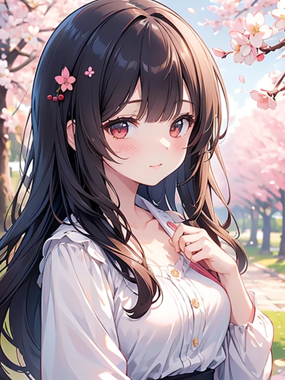 masterpiece, best quality, ultra-detailed, illustration, cute, Girl, Solo, face focus, blown hair, long hair, wavy hair, blunt bangs, blouse, happy, cherry blossoms