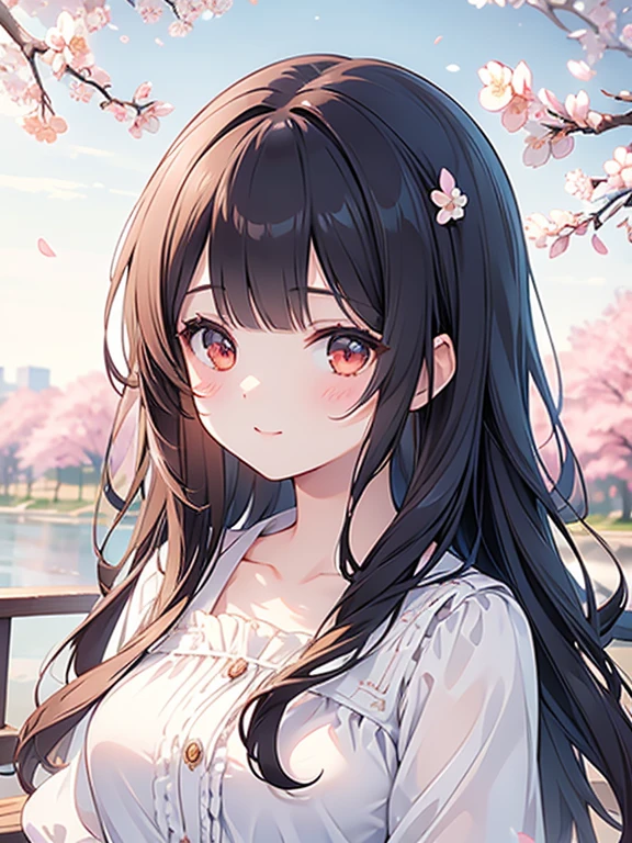 masterpiece, best quality, ultra-detailed, illustration, cute, Girl, Solo, face focus, blown hair, long hair, wavy hair, blunt bangs, blouse, happy,  cherry blossoms