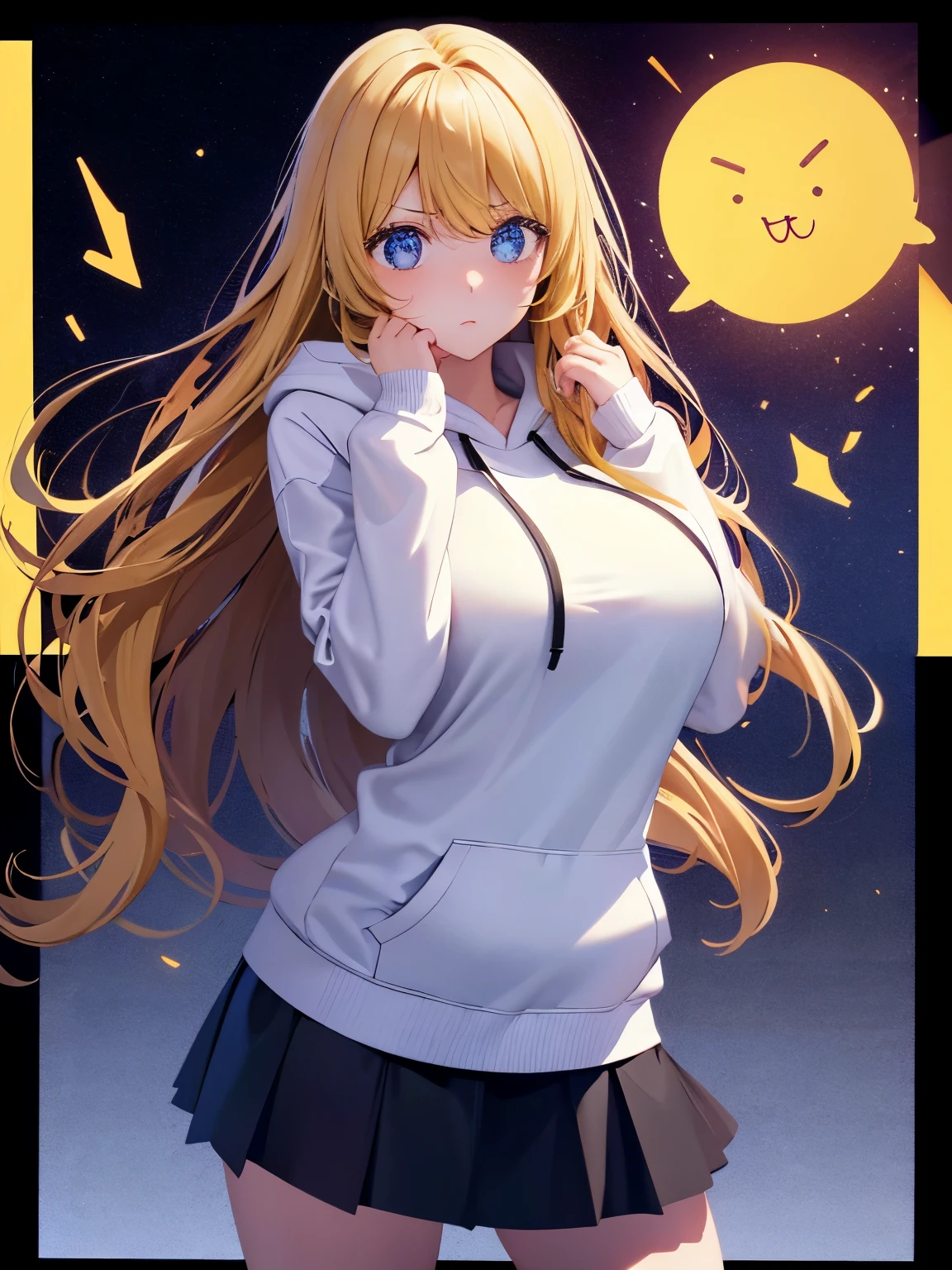1woman,super beautiful,morning, standing ,Surprised expression, shocked expression, Hand covering mouth,half body photo,long hoodie,white hoodie, tennis skirt,HD face, perfect face,black mini skirt,black mini skirt,Very big breasts,Blonde hair,long hair,wavy hair,bangs,ultra detail,ultra Hd, masterpiece,4k