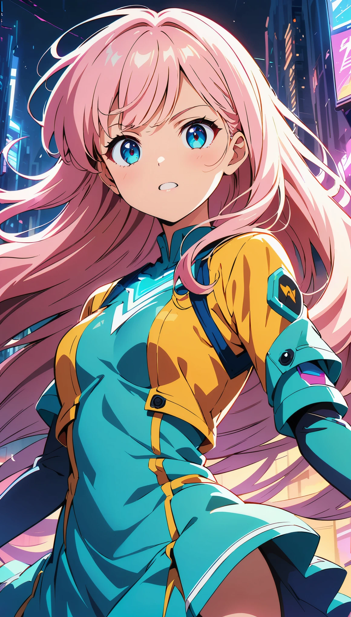 (anime artwork, anime style, studio anime, very detailed, up to date, vibrant, Anime Coloring, high contrast, masterpiece:1.2, best quality, best aesthetics), Anime girl wearing a dress and headband standing in front of a building, ((Digital Cyberpunk - Anime Art)), cyber high school girl, cyberpunk anime art, Portrait:Anime Space Cadet, jumping, long flowing hair, Determined Eyes, powerful stroke, adrenaline rush, Detailed weapons, strength, impact, energy, Cool action scenes,