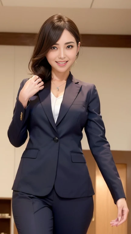 ((highest quality、8K、masterpiece:1.3)), whole body, long legs, sharp focus:1.2, beautiful woman with perfect figure:1.4, thin abs:1.1, The background is an office lined with desks.., ((shortcut、big breasts:1.2)), (wearing a woman&#39;s business suit, wearing business slacks, はち切れんばかりの魅惑的なbig breasts, big soft ass, slim and toned waist, Laughs while speaking to the audience:1.2), Highly detailed face and skin texture, fine eyes, double eyelid, 25 year old female, mature woman, smiling face