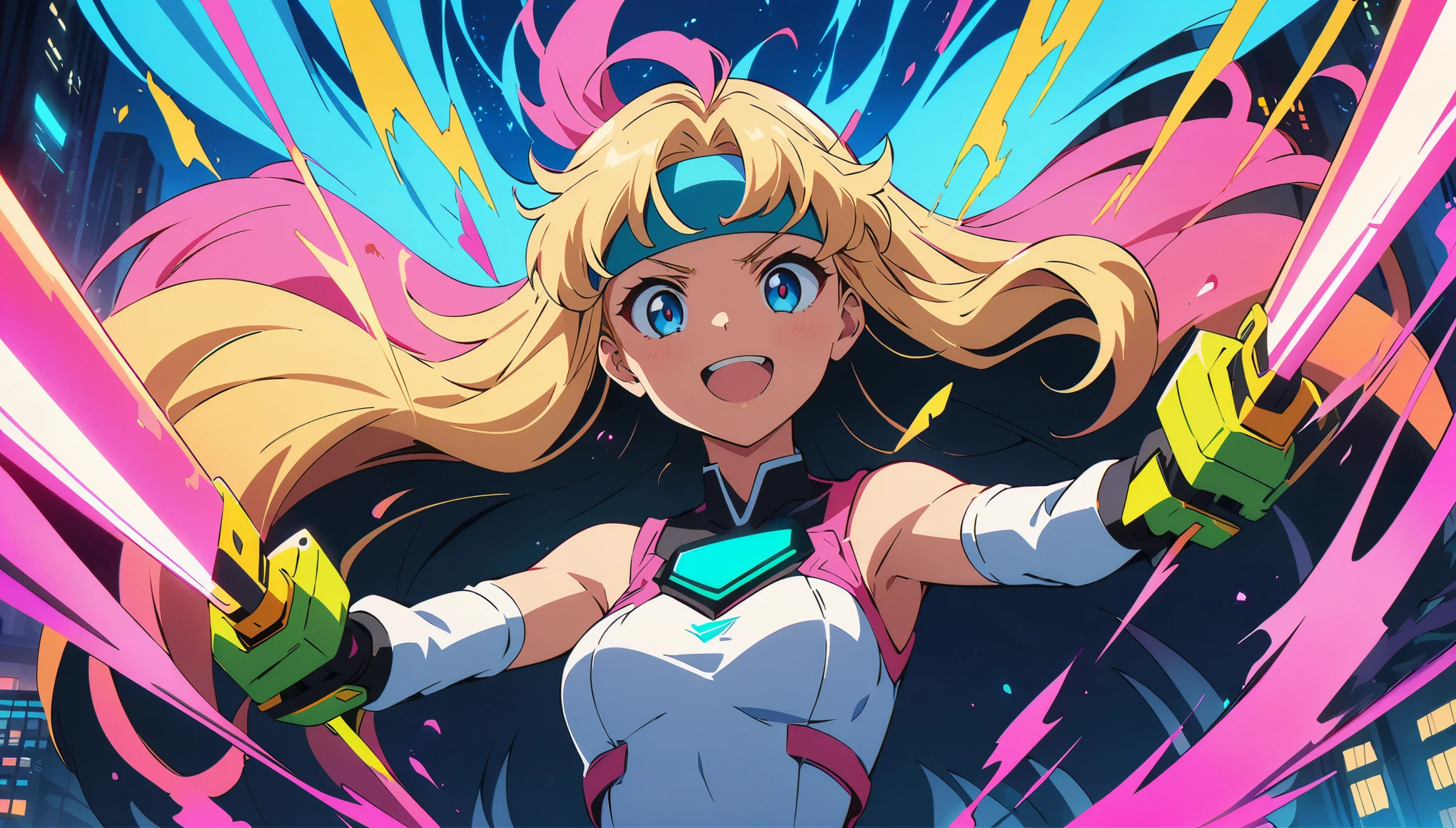 (anime artwork, anime style, studio anime, very detailed, up to date, vibrant, Anime Coloring, high contrast, masterpiece:1.2, best quality, best aesthetics), Anime girl wearing a dress and headband standing in front of a building, ((Digital Cyberpunk - Anime Art)), cyber high school girl, cyberpunk anime art, Portrait:Anime Space Cadet, jumping, long flowing hair, Determined Eyes, powerful stroke, adrenaline rush, Detailed weapons, strength, impact, energy, Cool action scenes,