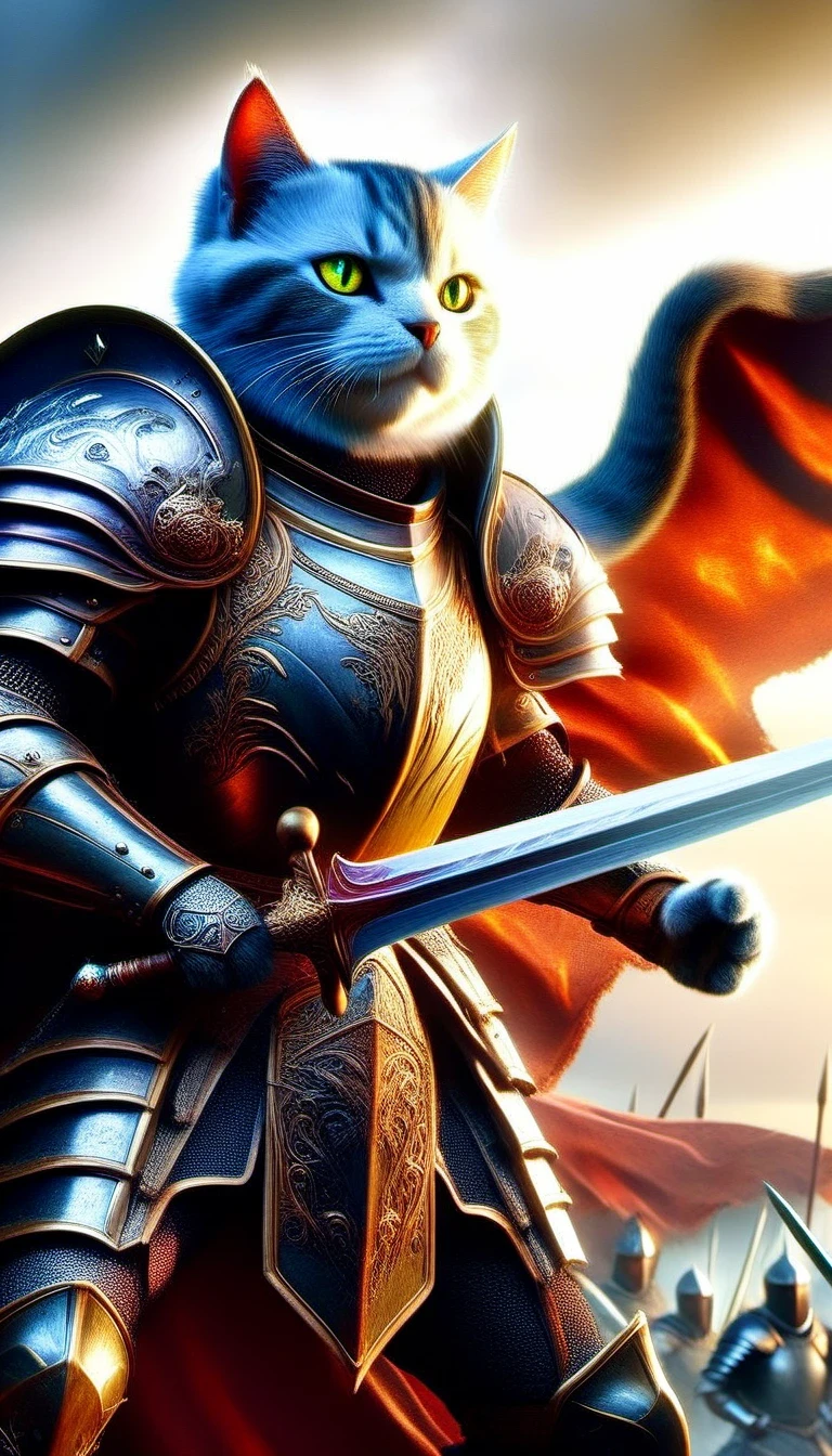 (HD: 1.2),(realistic: 1.37),(Cat Knight), anthropomorphic, dark horse, battlefield, medieval, war, battle, victory, danger, honor, bravery, armor, shield, sword, hero, commander-in-chief's presence, ferocious, self-confident, beautifully detailed eyes, beautifully detailed lips, sharply focused, ultra-detailed, fierce action, epic clash, adventurous, emerges from flames Protecting the innocent, stunning, compelling, thrilling, unforgettable, valor, heroic, majestic, graceful, lightning fast, extraordinary strength, master of defense, unstoppable power, dominating the battlefield, defending the kingdom, ferocious foe, defender of the righteous, unwavering determination, majestic imagery, magnificent backdrops, dramatic lighting, vibrant colors, bold brushstrokes, impressive deep detail, extraordinary fantasy, mythical warriors, legendary tales.