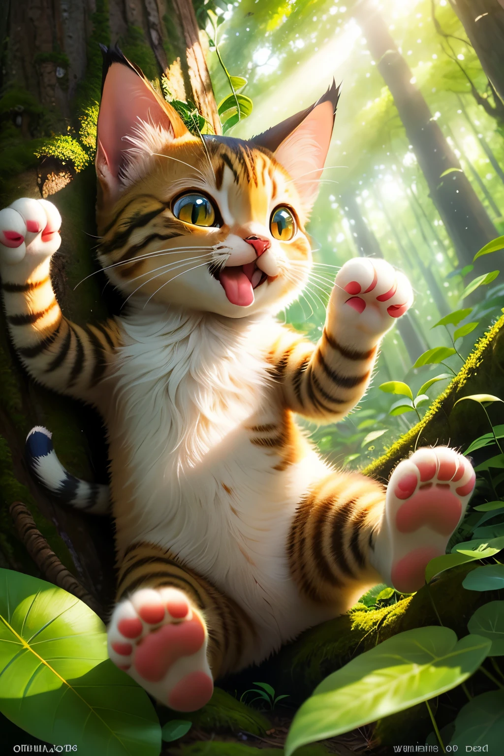 In a whimsical children's book illustration, a little cat with expressive whiskers and big, round, curious eyes frolics amongst the abundant greenery of a lush forest. The sunlight filters through the leaves above, casting dappled patterns on the soft moss beneath the cat's paws. The feline's tongue lolls out playfully as it paws at the vibrant foliage, revealing its delight and joy in the simple pleasures of nature. The forest scene is alive with the promise of adventure, waiting to be discovered by curious young minds.