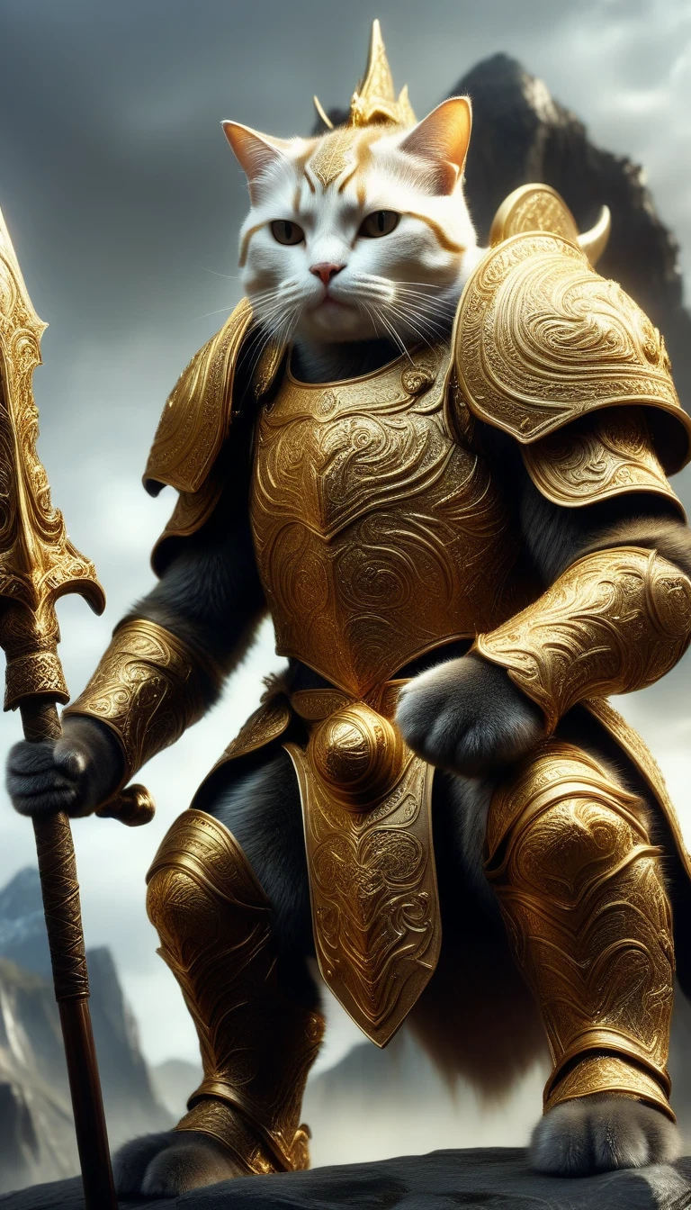 A cat warrior wearing golden armor rode a mammoth to fight against the enemy., Iper quality, iper details, complex details, octahedral rendering, film, standing facing the audience, mythological creatures, hermits, conceptual art, wide-angle, full composition, dynamic lighting, film,