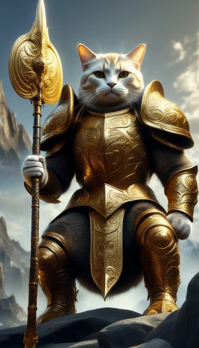 A cat warrior wearing golden armor rode a mammoth to fight against the enemy., Iper quality, iper details, complex details, octahedral rendering, film, standing facing the audience, mythological creatures, hermits, conceptual art, wide-angle, full composition, dynamic lighting, film,