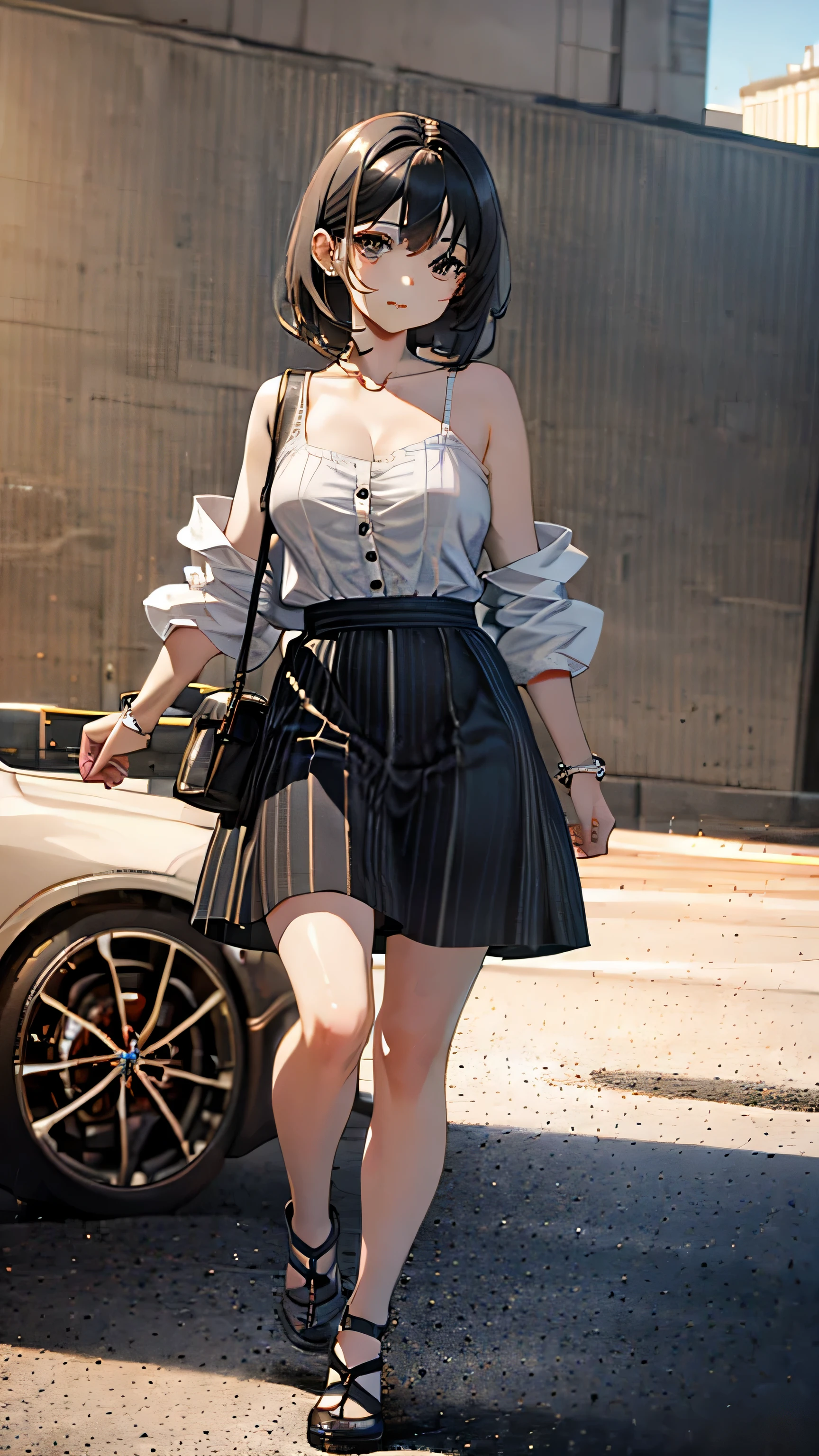 1girl, medium length black hair, red colored eyes, wearing colorful name brand shirt, cleavage, large breasted, black leggings, city, absurdres, high res, ultrasharp, 8K, masterpiece, looking at viewer, 1 car, BMW, posing on car