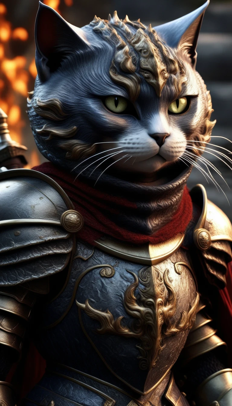 (HD: 1.2),(realistic: 1.37),(Cat Knight), anthropomorphic, hairy，dark horse, battlefield, medieval, war, battle, victory, danger, honor, bravery, armor, shield, sword, hero, commander-in-chief's presence, ferocious, self-confident, beautifully detailed eyes, beautifully detailed lips, sharply focused, ultra-detailed, fierce action, epic clash, adventurous, emerges from flames Protecting the innocent, stunning, compelling, thrilling, unforgettable, valor, heroic, majestic, graceful, lightning fast, extraordinary strength, master of defense, unstoppable power, dominating the battlefield, defending the kingdom, ferocious foe, defender of the righteous, unwavering determination, majestic imagery, magnificent backdrops, dramatic lighting, vibrant colors, bold brushstrokes, impressive deep detail, extraordinary fantasy, mythical warriors, legendary tales.