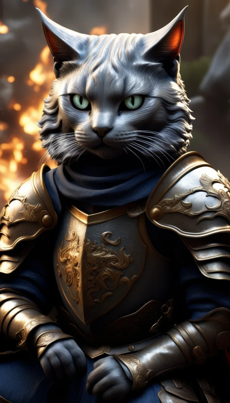 (HD: 1.2),(realistic: 1.37),(Cat Knight), anthropomorphic, hairy，dark horse, battlefield, medieval, war, battle, victory, danger, honor, bravery, armor, shield, sword, hero, commander-in-chief's presence, ferocious, self-confident, beautifully detailed eyes, beautifully detailed lips, sharply focused, ultra-detailed, fierce action, epic clash, adventurous, emerges from flames Protecting the innocent, stunning, compelling, thrilling, unforgettable, valor, heroic, majestic, graceful, lightning fast, extraordinary strength, master of defense, unstoppable power, dominating the battlefield, defending the kingdom, ferocious foe, defender of the righteous, unwavering determination, majestic imagery, magnificent backdrops, dramatic lighting, vibrant colors, bold brushstrokes, impressive deep detail, extraordinary fantasy, mythical warriors, legendary tales.