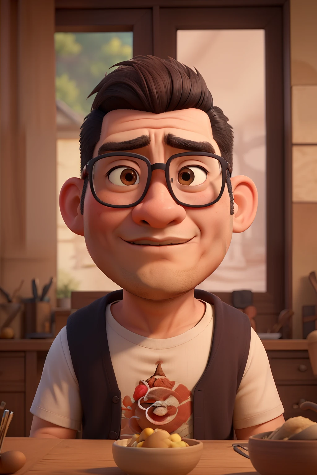 ((best quality)), ((masterpiece)), (detailed), face, chinese man, over weight build,glasses,butch cut hair, light goatee , buddha ear, thick angled angry eyebrows