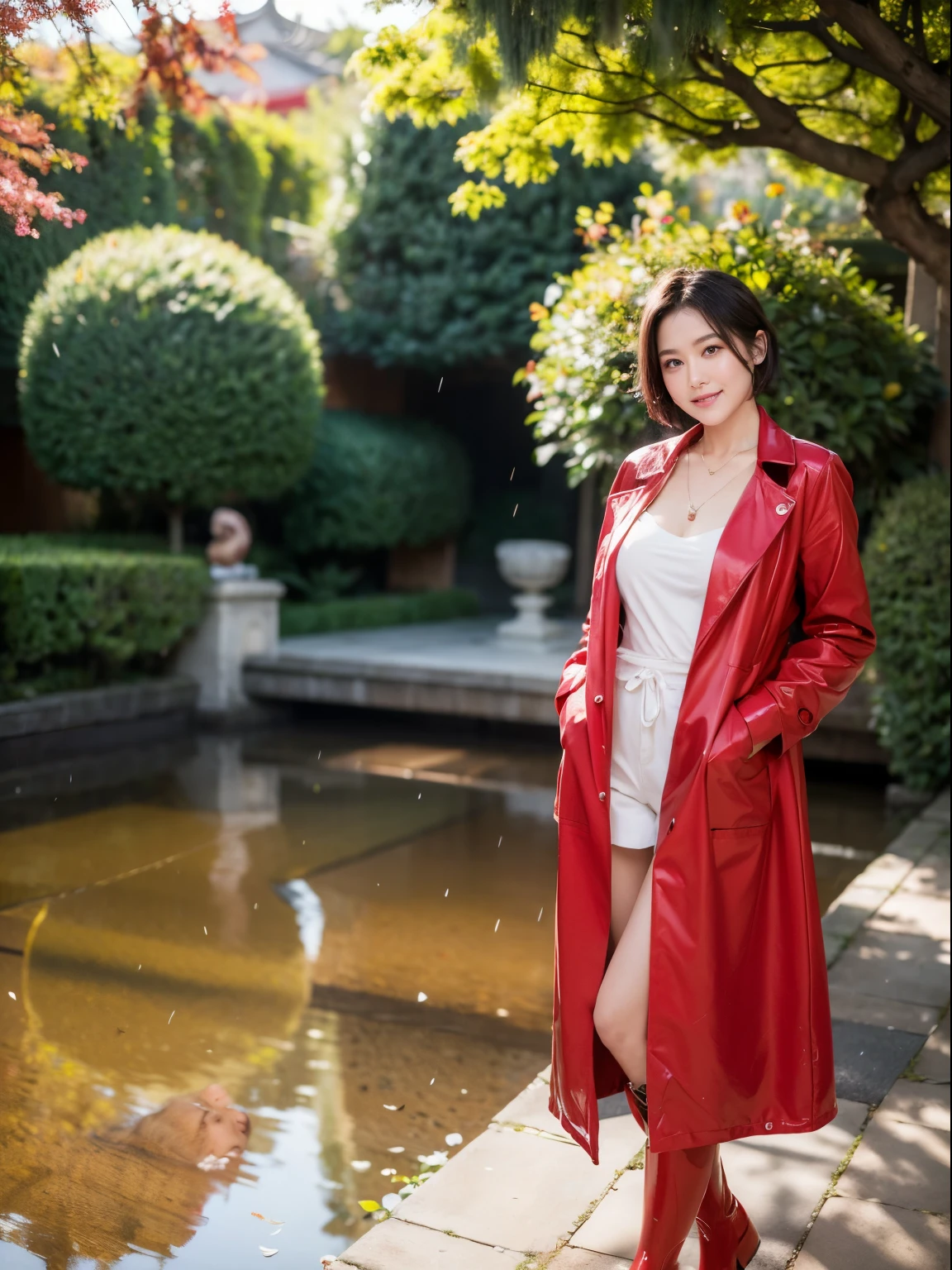 A female nurse walks down the street，It was raining heavily in the sky，realisticlying，dynamic lights，Brush cut，Thin stature，cleavage，full shoot，（非常详细的 CG 统一 8k 壁纸），high detal，tack sharp focus，dramatic，Photoreality
