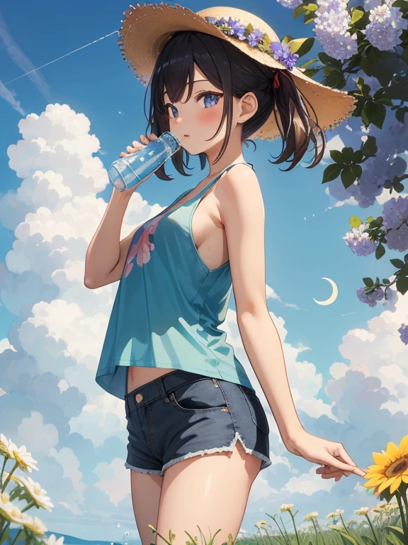 blue sky、1 girl、long focus、Configuration with depth、Drinking water in plastic bottles、 Cumulonimbus cloud、outdoor、solo、hat、(petalが舞う)、grassy、foliage、blue sky、petal、standing、tank top shirt、shorts、Crescent Moon、(form)、lots of flowerasterpiece、highest quality、beautiful face、Detailed description、