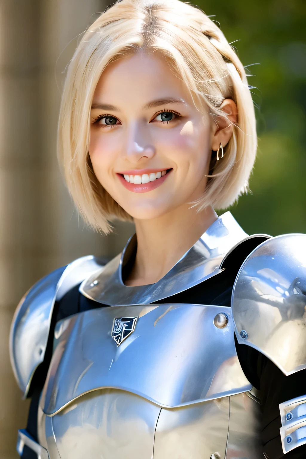 8K、highest quality、female knight、The background is a castle、Luxurious Silver Armor、heavy equipment、hairstyle short cut、smile、beautiful teeth、full body photo、ear piercing、blonde、white woman、blue eyes、hair band