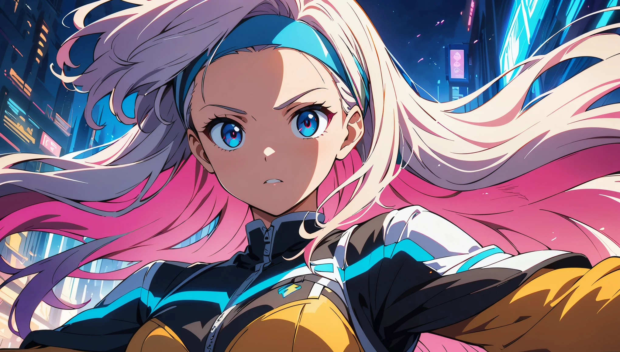 (anime artwork, anime style, studio anime, very detailed, up to date, vibrant, Anime Coloring, high contrast, masterpiece:1.2, best quality, best aesthetics), Anime girl wearing a dress and headband standing in front of a building, ((Digital Cyberpunk - Anime Art)), cyber high school girl, cyberpunk anime art, Portrait:Anime Space Cadet, jumping, long flowing hair, Determined Eyes, powerful stroke, adrenaline rush, Detailed weapons, strength, impact, energy, Cool action scenes,