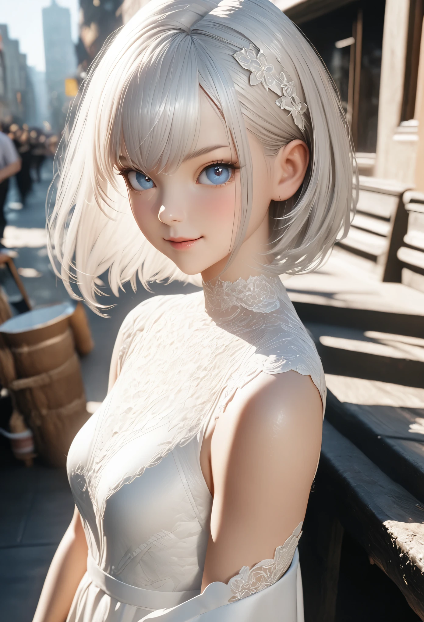 (masterpiece:1.3), (8K、photorealistic, Raw photo, best quality:1.4), (1 girl), (solo), (15 year old beautiful silver-haired Scandinavian girl), (Very beautiful and attractive woman, beautiful silver hair、intense blue eyes, strong eye highlights), (cute, little:1.5), (very beautiful face:1.5), (Beautiful face with perfect symmetry:1.2), (cute face:1.5), (wonderful smile:1.2), (perfect anatomy), (high detail skin: 1.2), (natural breasts), (beautiful thighs), (Intense blue eyes), (Beautiful silver hair bob cut), crossed bangs, asymmetrical bangs, lip gloss, (accurate arm, five fingers, accurate legs), (Detailed white dress, mini skirt:1.2), (The dress features white detailed lace.), (decorative headband), (Stylish long boots), Attractive, ultra high resolution, Super realistic, extremely detailed, golden ratio, Photorealistic anime girl rendering, Realistic anime 3D style, look at viewer, Spring daytime cityscape