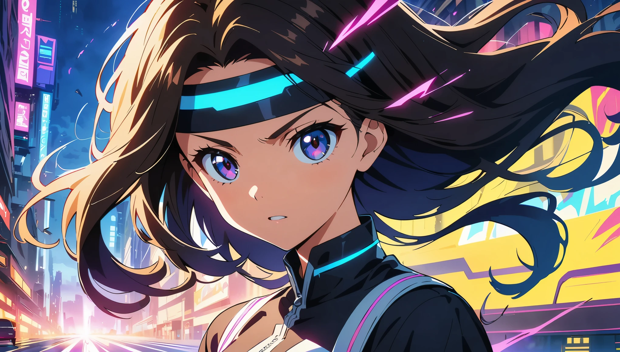 (anime artwork, anime style, studio anime, very detailed, up to date, vibrant, Anime Coloring, high contrast, masterpiece:1.2, best quality, best aesthetics), Anime girl wearing a dress and headband standing in front of a building, ((Digital Cyberpunk - Anime Art)), cyber high school girl, cyberpunk anime art, Portrait:Anime Space Cadet, jumping, long flowing hair, Determined Eyes, powerful stroke, adrenaline rush, Detailed weapons, strength, impact, energy, Cool action scenes,