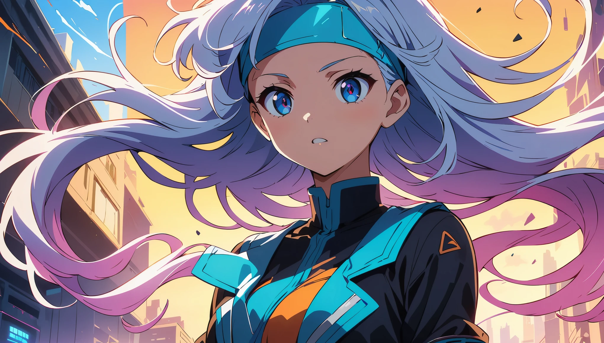 (anime artwork, anime style, studio anime, very detailed, up to date, vibrant, Anime Coloring, high contrast, masterpiece:1.2, best quality, best aesthetics), Anime girl wearing a dress and headband standing in front of a building, ((Digital Cyberpunk - Anime Art)), cyber high school girl, cyberpunk anime art, Portrait:Anime Space Cadet, jumping, long flowing hair, Determined Eyes, powerful stroke, adrenaline rush, Detailed weapons, strength, impact, energy, Cool action scenes,