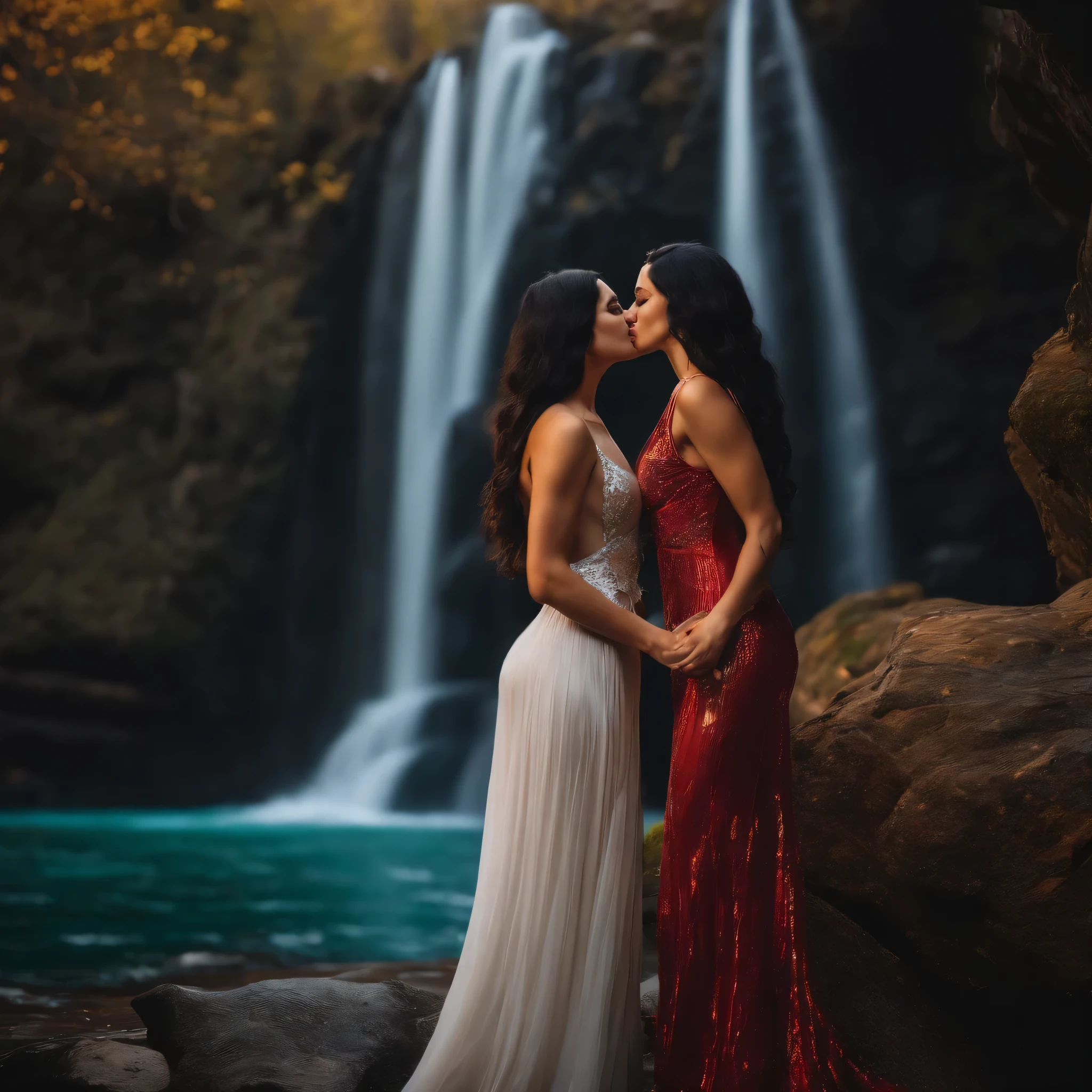 Two girls 30 years old, Long black hair, perfect figures, in biuinis of different colors, kissing against the backdrop of a waterfall