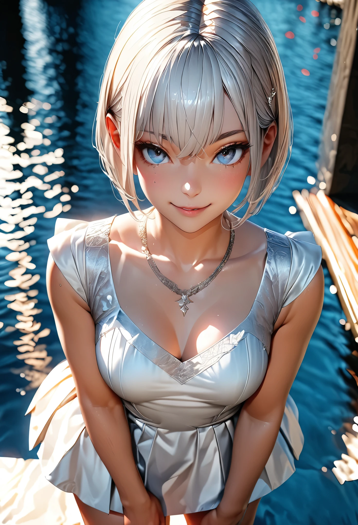 Pro wrestling, night, ((girl is wet)))), ((((bright silver hair)))), pale blue eyes, belly button, cleavage, Japan person, (((full body))), adult, 28 years old, underwear visible, ((chest close)))), (miniskirt)))), (skirt lift)), ((hair is wet)), bewitching smile, blush, teeth visible, perfect eyes, perfect hands, professional lighting, Top Quality, Masterpiece,Sharp, Perfect Focus, Bokeh,(Beautiful Eyes with Fine Details:1.3),Realistic, (Glossy Skin:1.5), (Ultra High Resolution Complex Face Details),Short Hair,Open Legs, Girl Sitting,