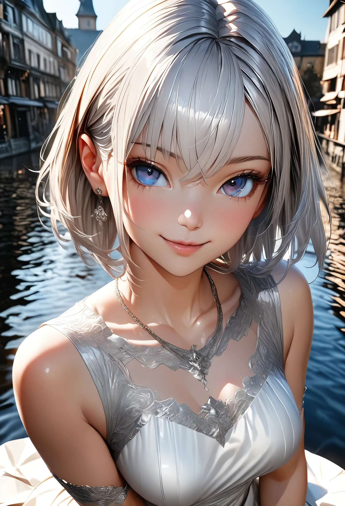 High resolution 8K, Bright light illumination, lens flare, sharpness, masterpiece, top-quality, The ultra -The high-definition, high resolution, extremely details CG, Anime style, Film Portrait Photography, 1woman, a smile, Beautiful Women, full body, ((orgasm face:1.8)), (covered nipples:1.1), (((Blue eyes, bikini, high-ponytail Hairstyle, large full breasts, no-bra, silver hair))), woman wearing cross halter white bikini, High-waist white bikini, Woman in the sunset beach, sunset sky, (Natural skin texture Vibrant details, hyper realistic)