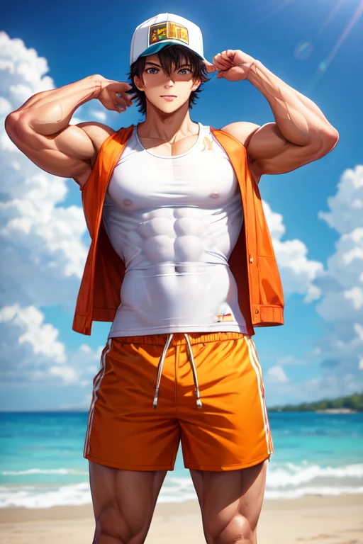 Anime style male character, 22 years old, bodybuilder, wearing white sport short, with white tank t-shirt, Orange sport Jacket, flip flops and a backward SnapBack on his head, flexing