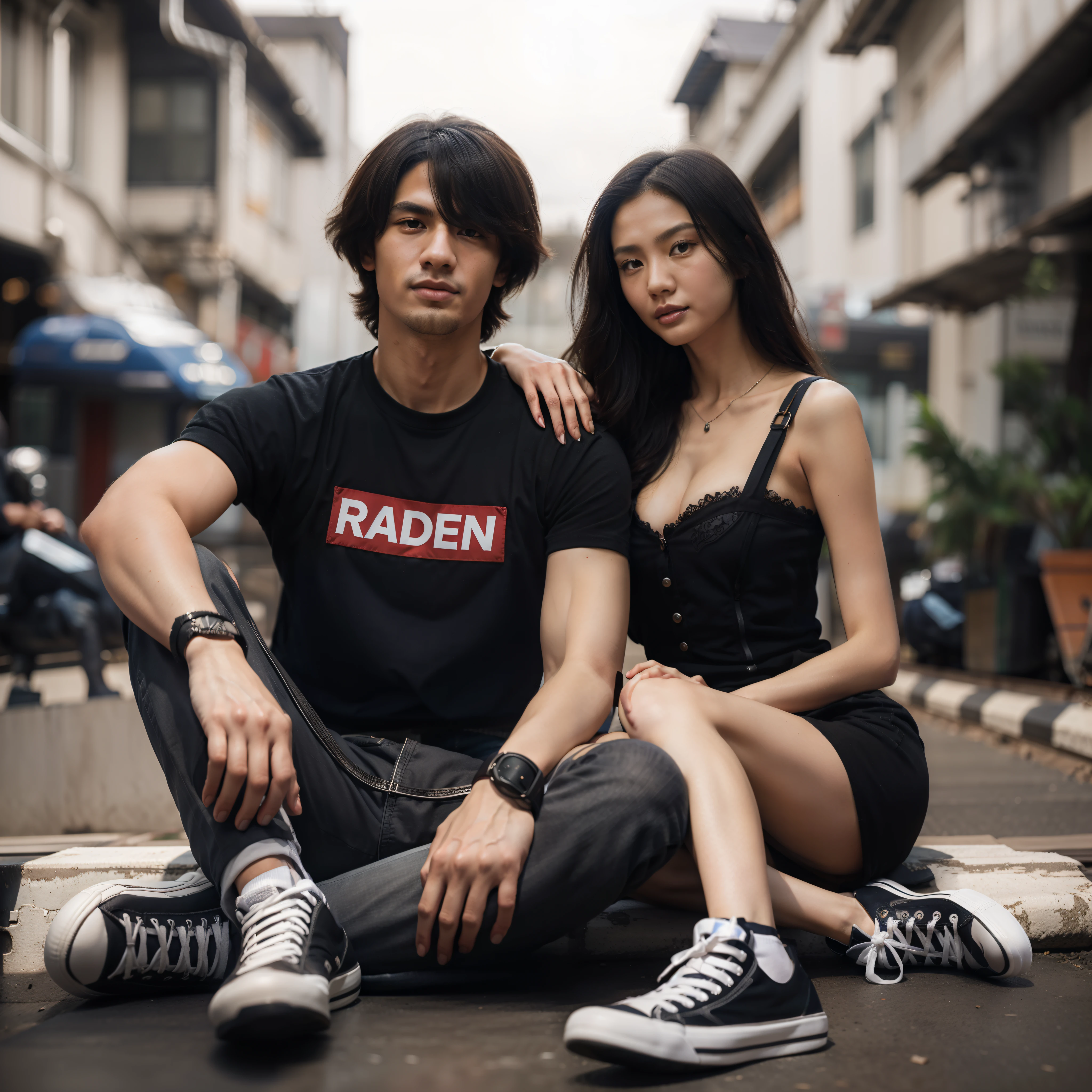 arafed couple sitting on the ground in front of a train, wlop and andrei riabovitchev, jordan grimmer and natasha tan, tyler edlin and natasha tan, 5 0 0 px models, roberto ferri and ruan jia, trendin on artstation, by Radi Nedelchev, fashion model, anton fadeev 8 k