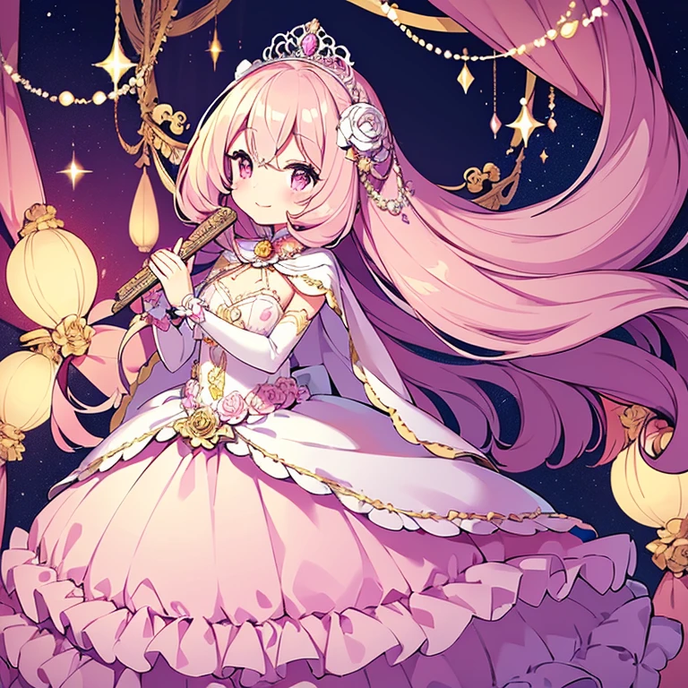 (kawaii),(best quality),(ultra detailed),(rococo style),(long train pastel pink cape:1.15), very long cape,(long train white ball gown with flower decorations:1.1), a girl is wearing a cape over her gown,(she has a western style fan:1.05), 1 little princess, tiara, smile, very long hair, small breasts, beautiful detailed eyes, beautiful detailed lips