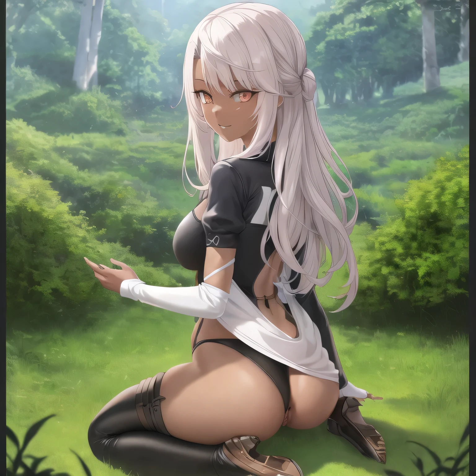 ((sharp details)), hi res, (8k), (absurd res), sharp focus, elegant, highly detailed, illustration, intricate, beautiful, trending on artstation, pixiv, digital art, in focus, 4k, (masterpiece, best quality:1.4), digital detailed realistic painting, (extreme detail), perfect digital art, ultra hd image, photorealistic, ultra unreal engine 5 render, ultra realistic, hdr, octane render, ray tracing, trending on pixiv, hi resolution, uhd, ultra high resolution image, top rated on artstation, top rated on pixiv, trending on CGSociety, photograph, (best illustration), (best shadow), UHD, professional, (extremely detailed CG unity 8k wallpaper:1.2), splash art, extremely detailed background, cinematic lighting, CG, wallpaper, high quality, high-definition, HD, highly detailed, anime movie background, official art, cinematic location design, a awe-inspiring digital oil painting, (safe), female, chloe_von_einzbern ((extremely detailed perfectly drawn forest:1.4)), at sunset, outside, (sitting on a cliff edge), scan, (highres:1.2), (best quality:1.2), (ultra-detailed:1.2), (illustration:0.4), solo, solo female, (perfect clothes), (extremely highly detailed perfectly drawn clothes:1.2), (solo), (1 girl), (solo female), (huge butt, Y_anus), presenting hindquarters, (dark skin:1.2), smug smile,
