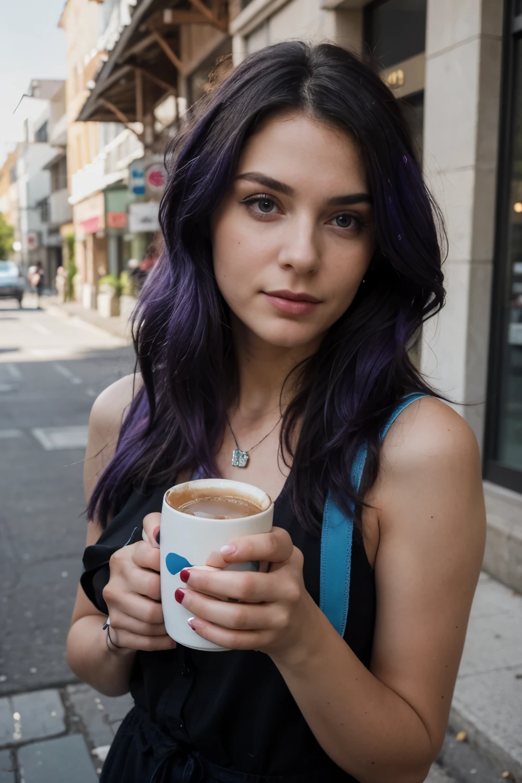 ((best quality)), ((masterpiece)), (detailed), perfect face, purple blue hair, woman posing on the street wiht a coffe cup in her hand