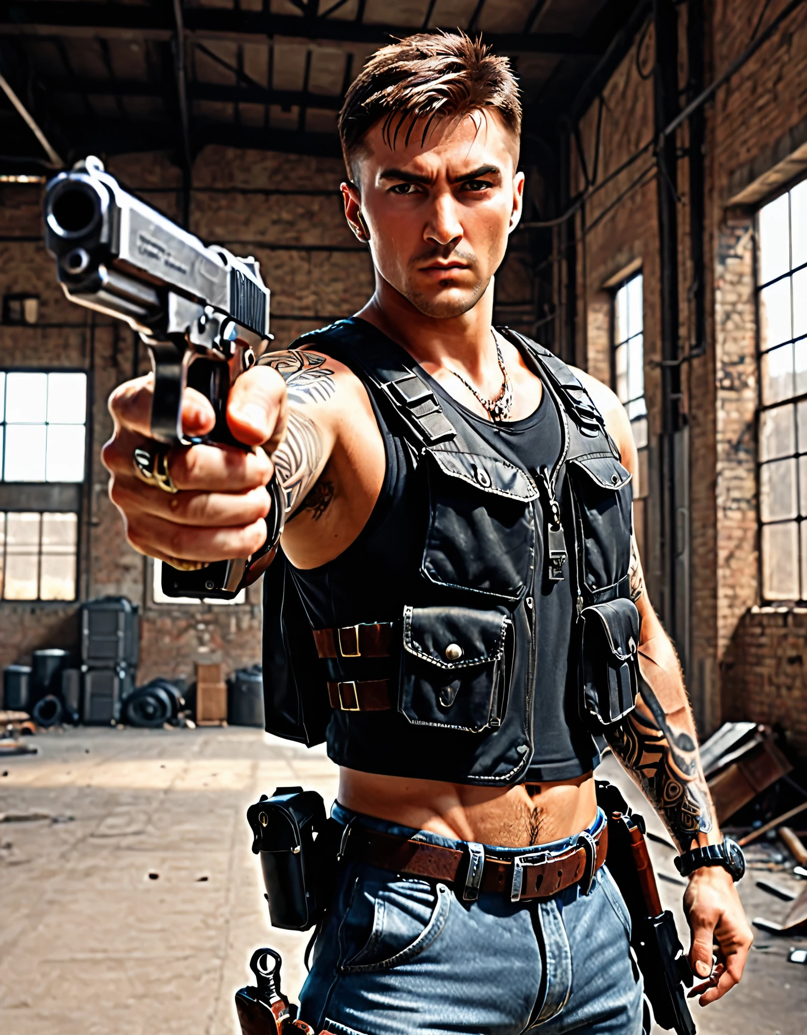 best quality, super detail, masterpiece, photography, scene: spacious abandoned warehouse, theme: mercenary, character: male gunslinger, appearance: muscular build, brown hair, short hair, spiky hair, short hair, brown eyes, action: fighting stance, facial expression : smirk, holding a large caliber pistol, Desert Eagle .50 handgun, assault vest, mafia sports tattoos, cybernetic enhancements in arms, perspective: 4K.