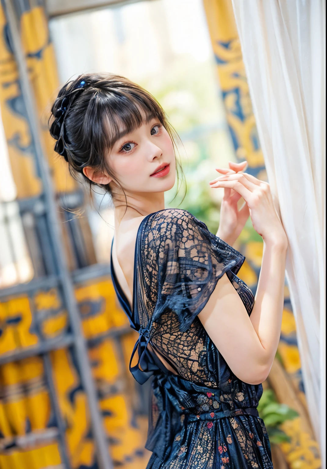 masterpiece、highest quality、cinema、(cute japanese woman、bangs:1.3)、23 years old、1 girl、elegant、black hair、warm、have a bouquet、(backless dress:1.3)