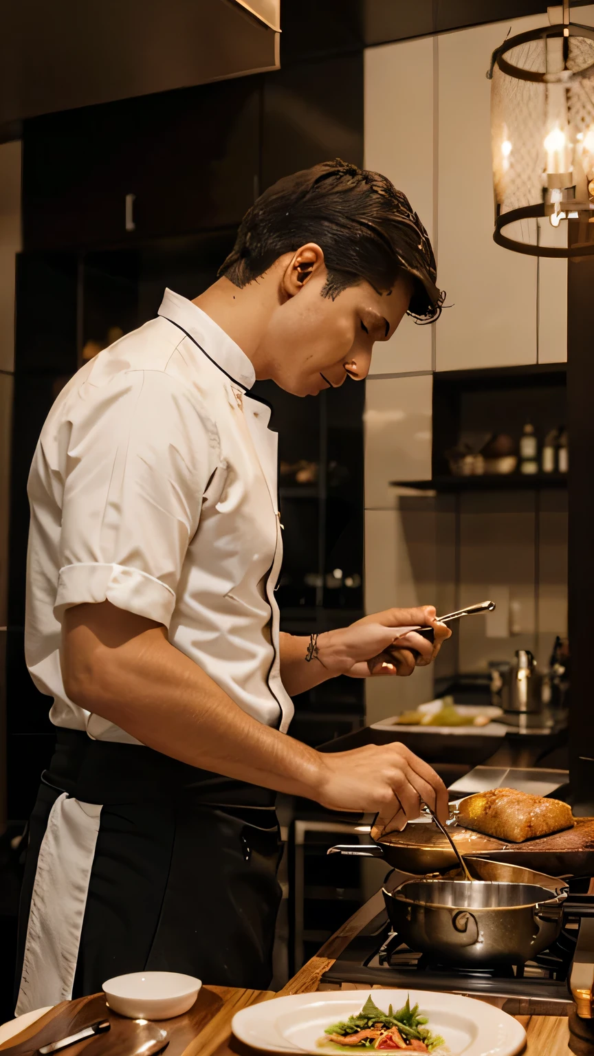 Man is cooking a luxurious meal in a 5 star restaurant