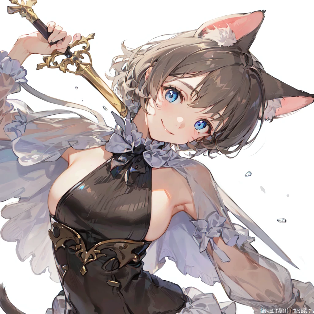 ((highest quallity))、((A masterpie))、((ultra-definition))、(illutst)、(Fine light)、(Extremely delicate and beautiful)、(((solo)))、(((a beautifulchi girl) )))、((Best Quality, High_resolution, Distinct_image)),(Black Hair), (Black cat ears), (Ahoge), (absurdly short hair), (Wavy Hair), (Blue eyes),smile on face