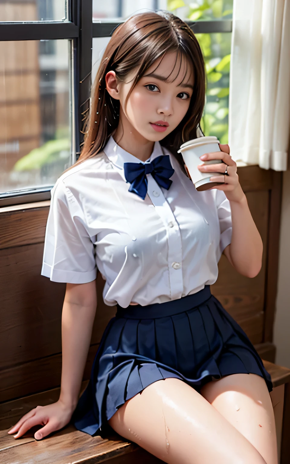 Highly detailed CG Unity 8K wallpaper、highest quality、super detailed、masterpiece、realistic、Photoreal、Highly detailed cute girl、18-year-old、(High school students wearing Japanese uniforms)、((Shooting from the front:1.4))、((dark blue bow tie:1.4))、((Sitting on a wooden chest:1.4))、blush、split lips、looking at the viewer、semi body shot、(A room in a love hotel)、(Japan High and designated shoes)、(Navy blue short pleated skirt lift:1.5)、(Short-sleeved white shirt for students)、 (dark blue bow tie:1.2)、(Light brown long hair)、(beautiful face:1.3)、(perfect proportions:1.2)、(long legs:1.2)、(small breasts:1.3)、((white panties:1.4))、((Blouse wet in the rain、The brush is see-through))、(Bra is transparent)、(((wet hair、wet skin)))、((have a coffee cup:1.4))、((drinking coffee:1.4))、((cowboy shot:1.4))、((rain outside the window:1.4))、