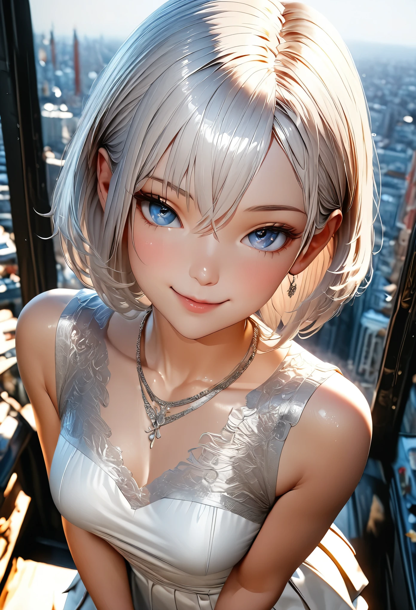 (masterpiece:1.3), (8K、photorealistic, Raw photo, best quality:1.4), (1 girl), (solo), (15 year old beautiful silver-haired Scandinavian girl), (Very beautiful and attractive woman, beautiful silver hair、intense blue eyes, strong eye highlights), (cute, little:1.5), (very beautiful face:1.5), (Beautiful face with perfect symmetry:1.2), (cute face:1.5), (wonderful smile:1.2), (perfect anatomy), (high detail skin: 1.2), (natural breasts), (beautiful thighs), (Intense blue eyes), (Beautiful silver hair bob cut), crossed bangs, asymmetrical bangs, lip gloss, (accurate arm, five fingers, accurate legs), (Detailed white dress, mini skirt:1.2), (The dress features white detailed lace., Decorated with silver embroidery), (Silver decorative headband, necklace), (Stylish long boots), Attractive, ultra high resolution, Super realistic, extremely detailed, golden ratio, Photorealistic anime girl rendering, Realistic anime 3D style, (The girl's whole body is visible in the camera viewfinder.), Shooting from behind、turn around and smile, look at viewer, Spring daytime cityscape