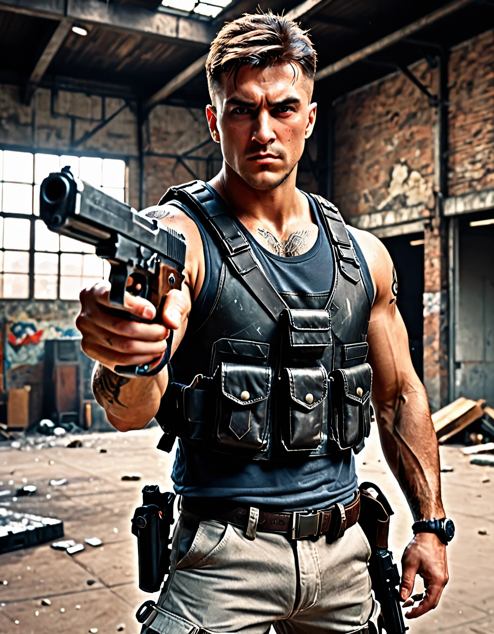 best quality, super detail, masterpiece, photography, scene: spacious abandoned warehouse, theme: mercenary, character: male gunslinger, appearance: muscular build, brown hair, short hair, spiky hair, short hair, brown eyes, action: fighting stance, facial expression : smirk, holding a large caliber pistol, Desert Eagle .50 handgun, assault vest, mafia sports tattoos, cybernetic enhancements in arms, perspective: 4K.