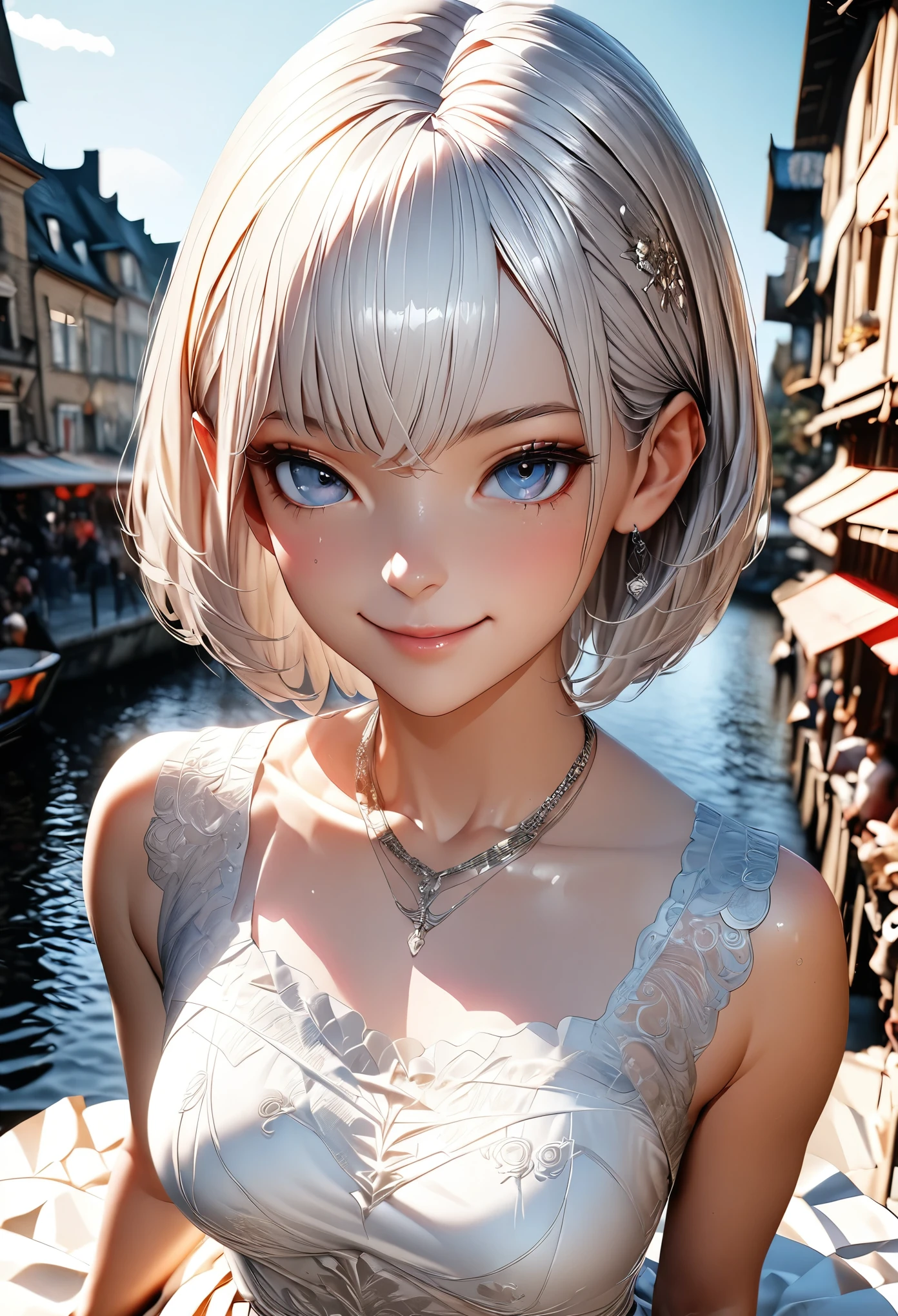 (Highest quality, 8k, 32K, masterpiece, Ultra-high resolution:1.2),Cute 18-year-old American woman image, Large Breasts, Very short bob hair,Full Body Shot,(one piece,1.1) necklace, background, Looking into the distance,Smile (((Silver streaks in blue hair))), (((Bright light blue eyes))) (((Award-winning details)) ((The atmosphere of the Disney movie Descendants))),東京のbackground