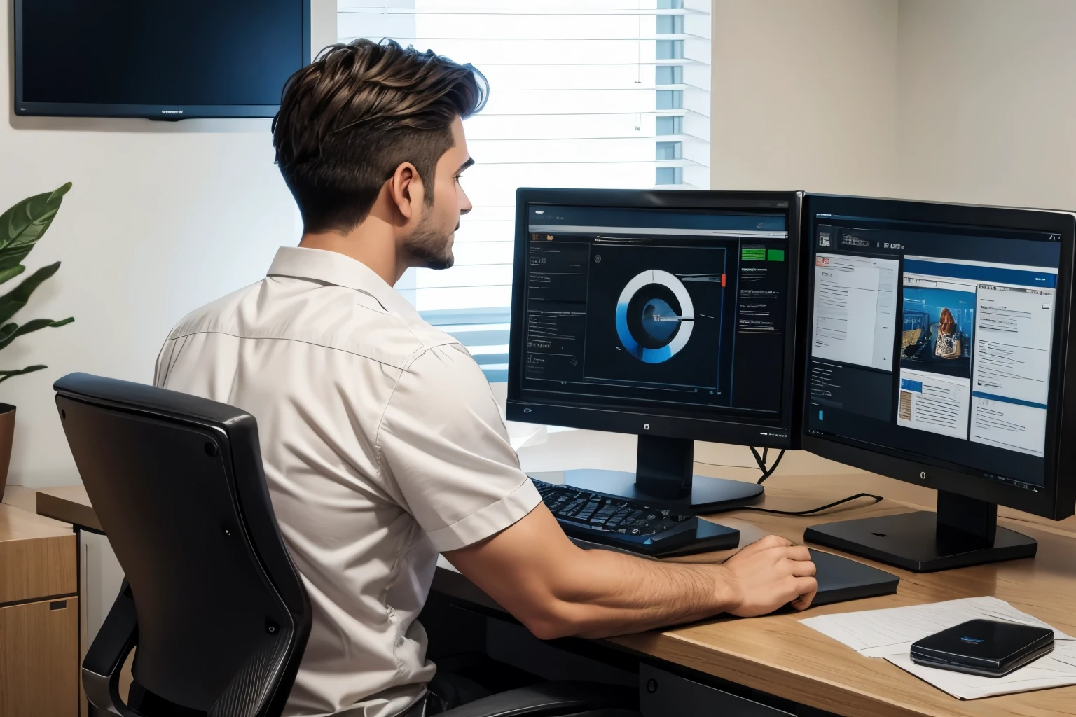 Using a computer at the office, A man working at a desktop computer, Scene from behind, The monitor on the desk is large., The monitor screen shows a scene where an image is being generated.,